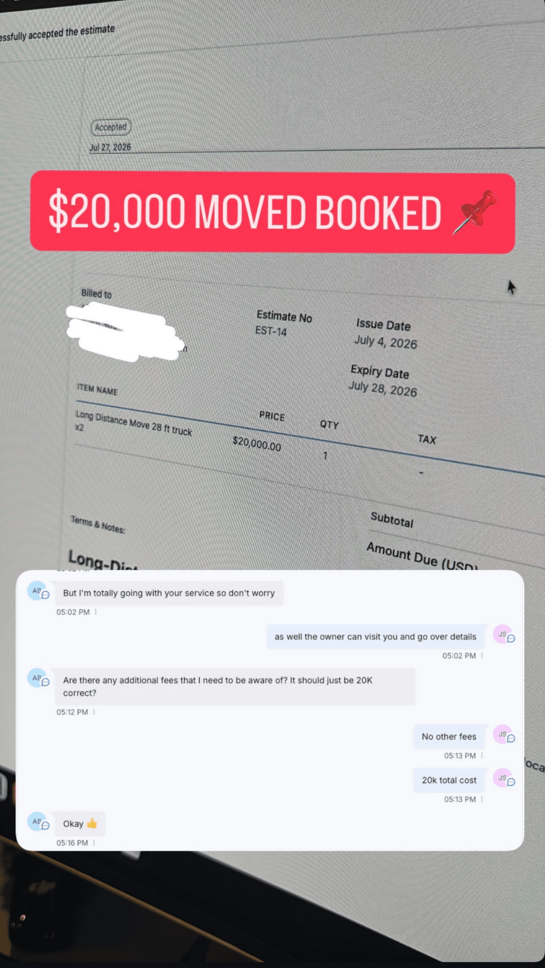 A $20,000 long-distance move, quoted and closed over chat, estimate accepted.