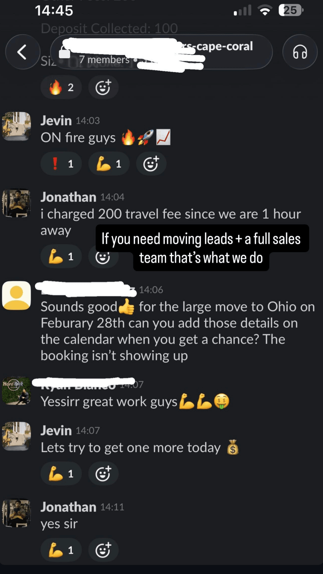 Our sales team working a client's channel — deposit collected, travel fee agreed, job added to the calendar.