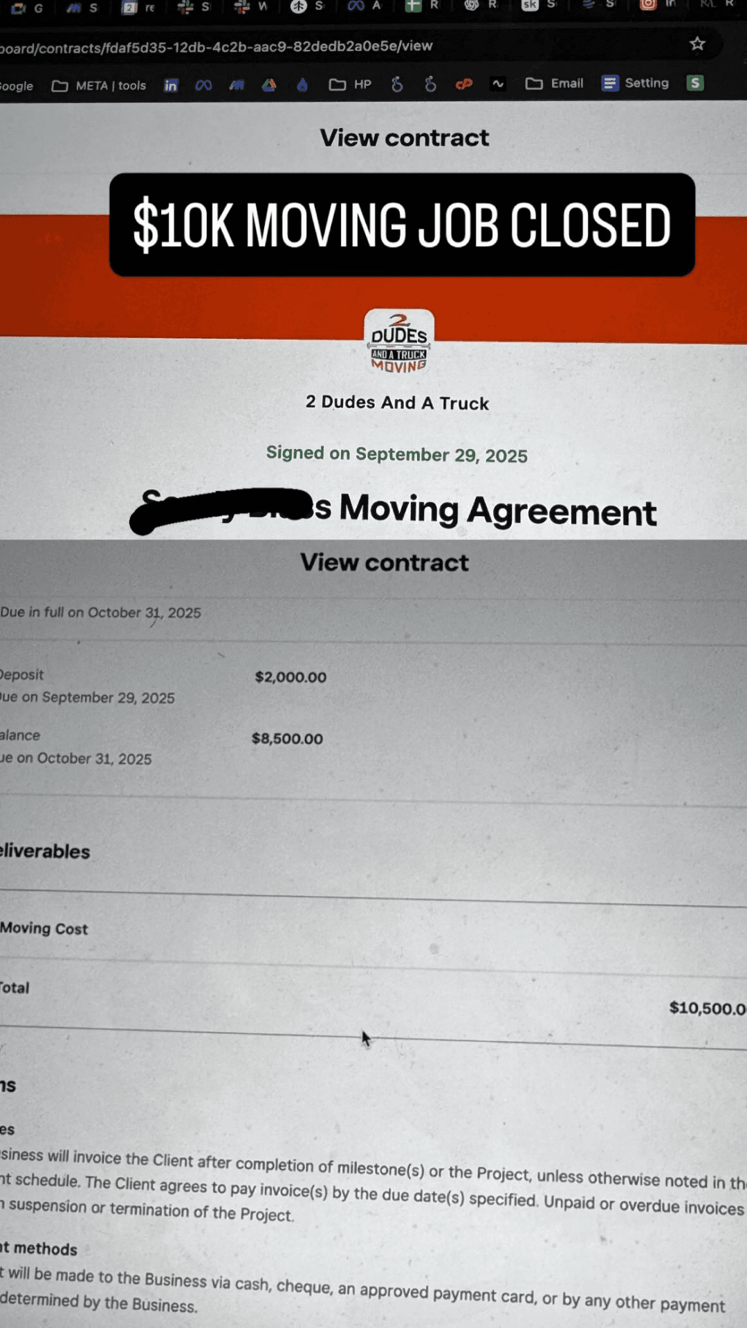 A $10,500 job signed for 2 Dudes And A Truck, with $2,000 collected as a deposit up front.