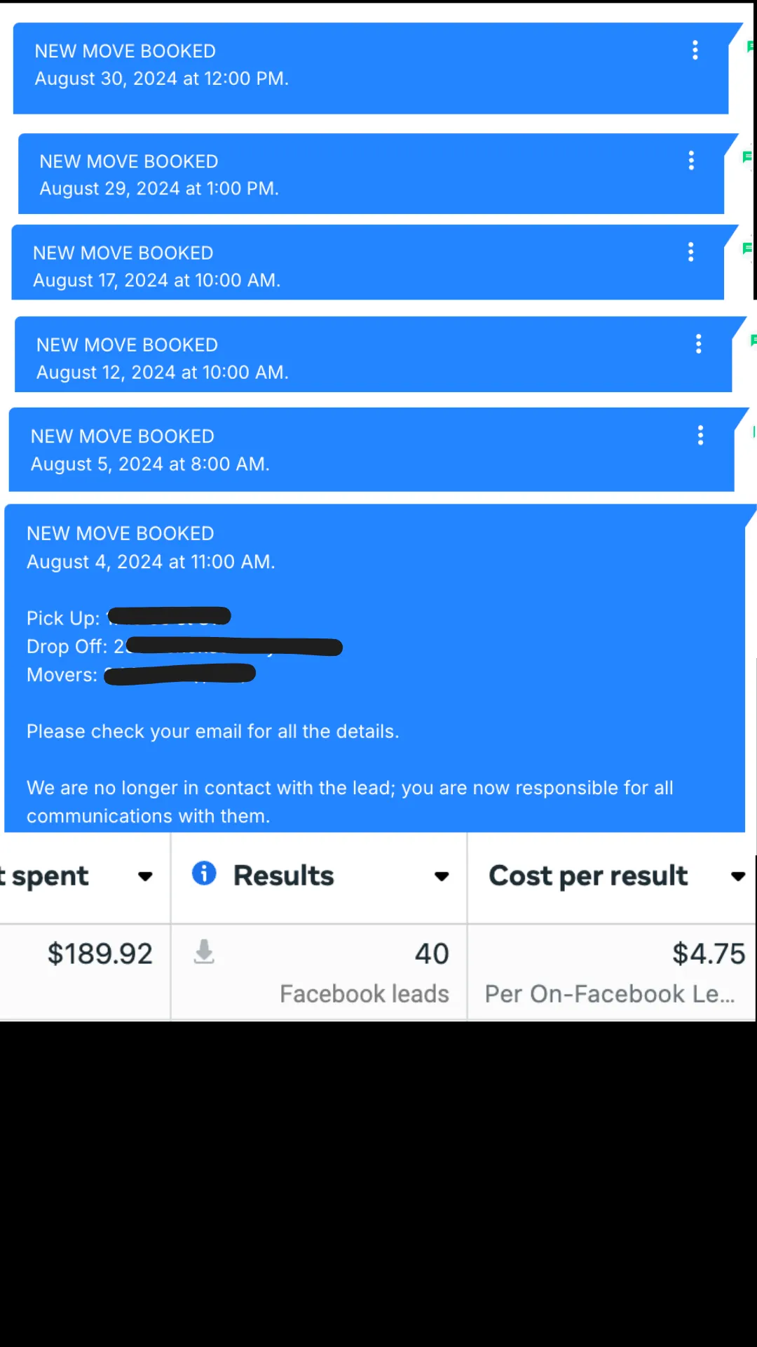 $189.92 of Facebook spend brought in 40 leads at $4.75 each — and the booking notifications that followed.