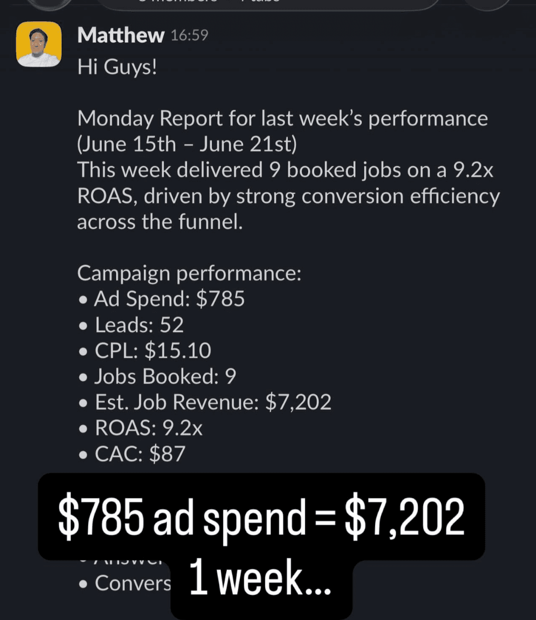 Another week, another nine jobs: $785 of ad spend returning $7,202 at $87 per booked job.