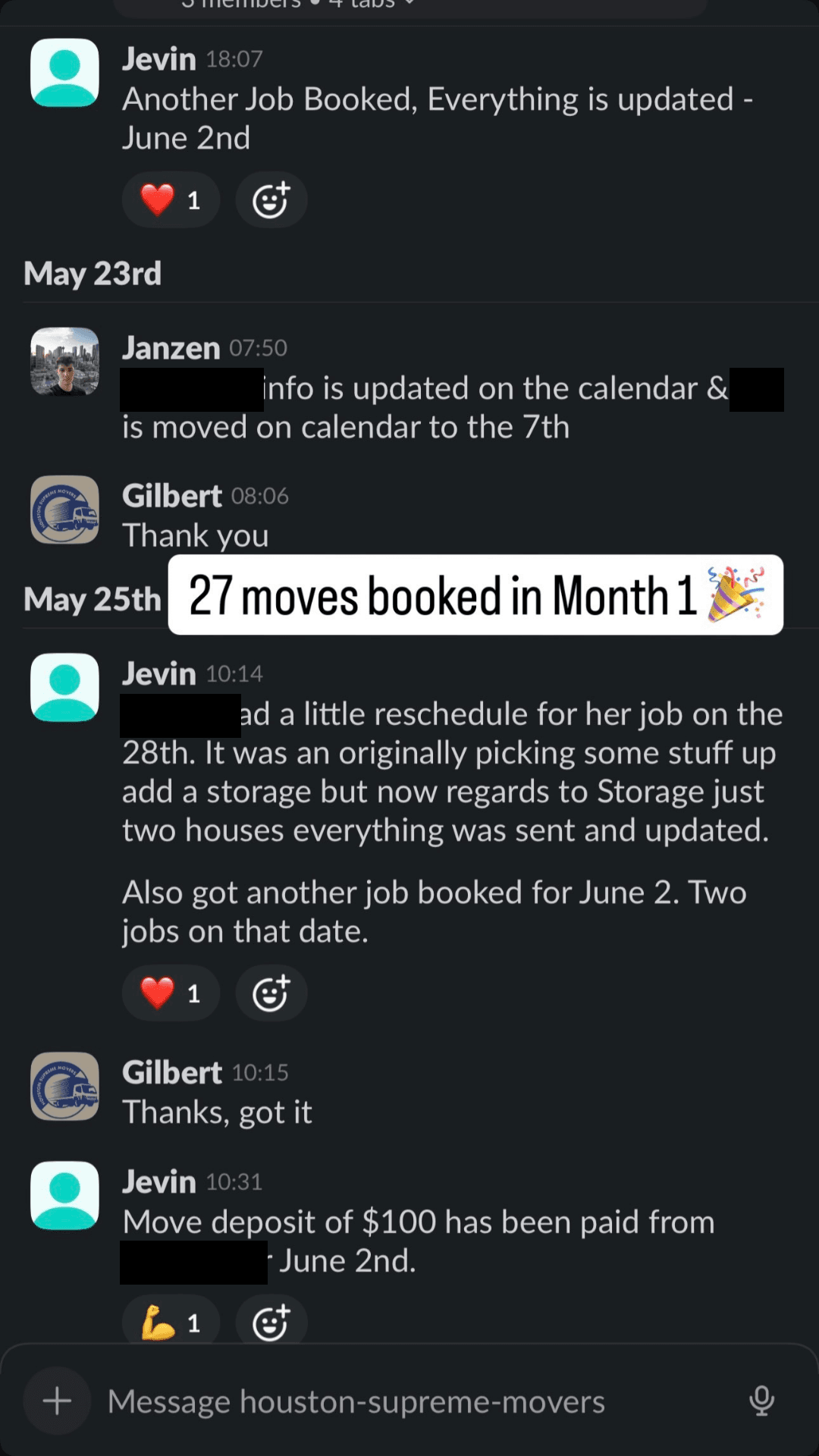 Twenty-seven moves booked in a client's first month, coordinated with their team as each one landed.