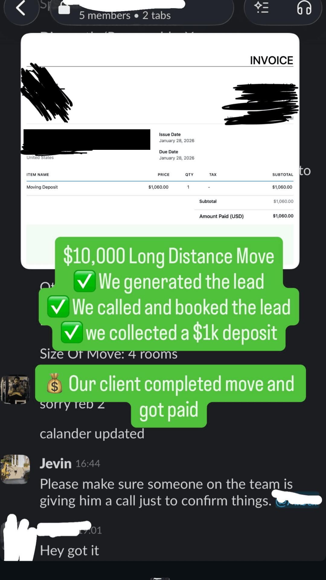 A $10,000 long-distance move: we generated the lead, called it, booked it, and collected the $1,060 deposit.