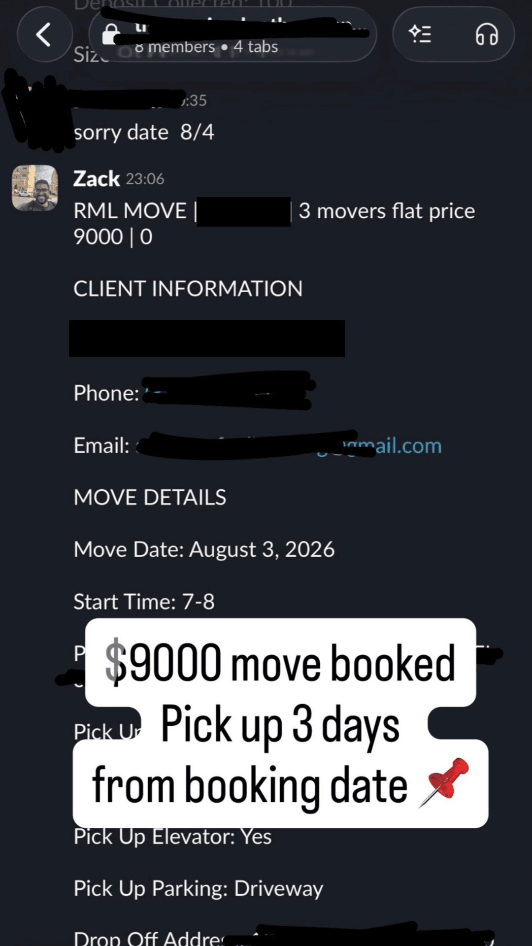 A $9,000 move booked with pickup three days later — quoted, confirmed and scheduled.
