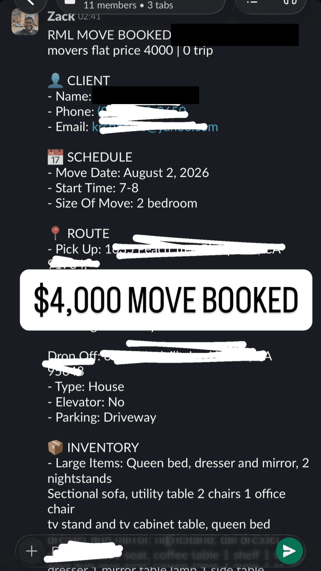 A $4,000 move booked end to end — route, crew and inventory handed over ready to run.